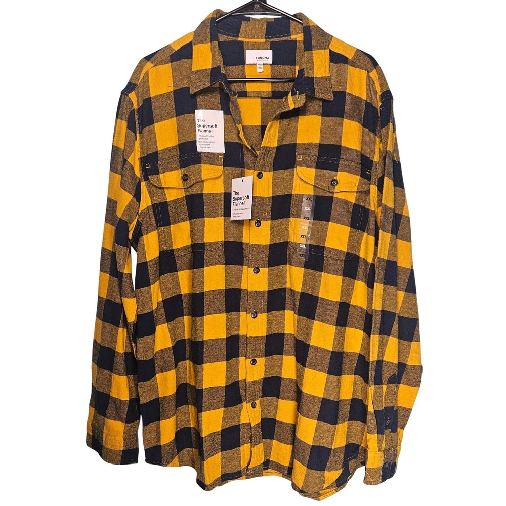 Sonoma Mens Supersoft Flannel Shirt Yellow Navy Buffalo Plaid XXL‎ Grunge NWT
